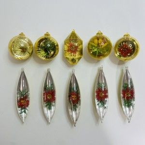 Vintage Gold Jewelbrite Poinsettia Teardrop Plastic Christmas Ornament Lot of 10